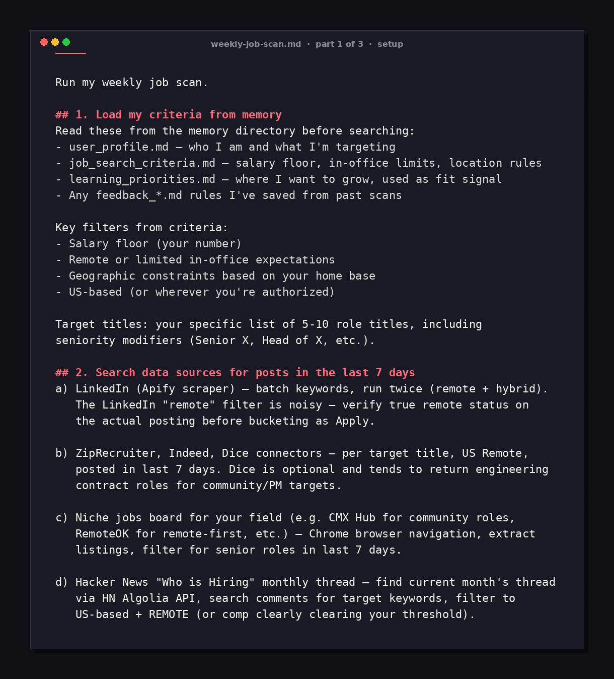 Weekly job scan prompt — part 1 of 3, setup